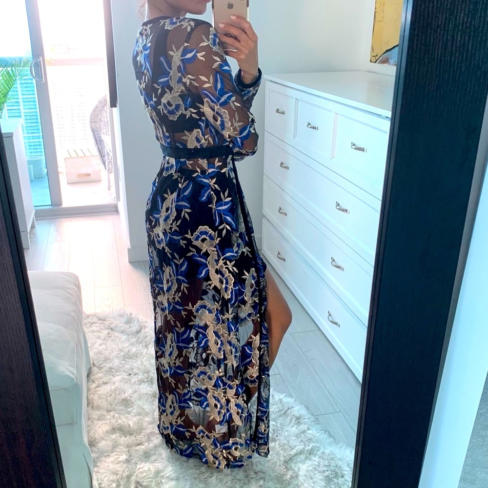 ALTEREDREAMS ‘Mona’ Blue & Black Floral Embroidered Mesh Robe Long Cardigan XS